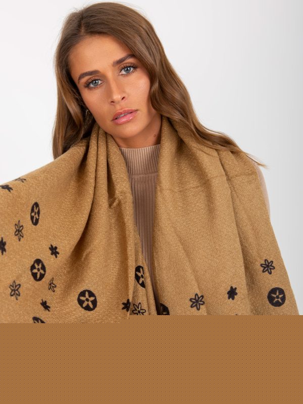 Velkoobchod Tmavě bežová dámská šála s potiskem