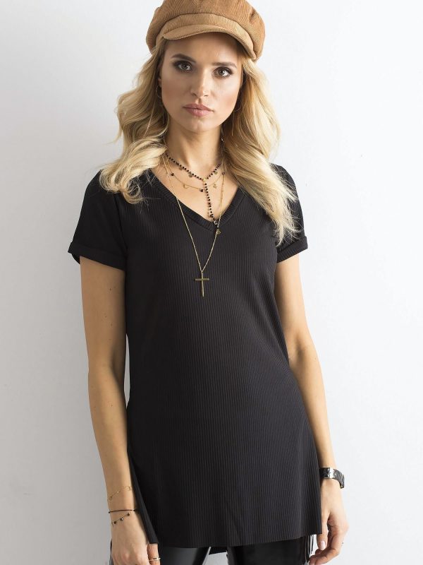 Velkoobchod Černá žebrovaná halenka s výstřihem do V