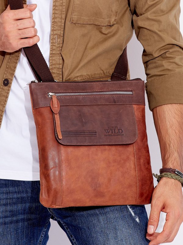 Velkoobchod Hnědá kožená pánská cabelka s popruhem a zipem