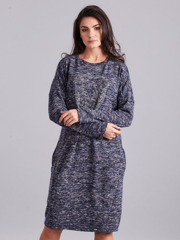 Velkoobchod Tmavě modré melanžové šaty s applicací