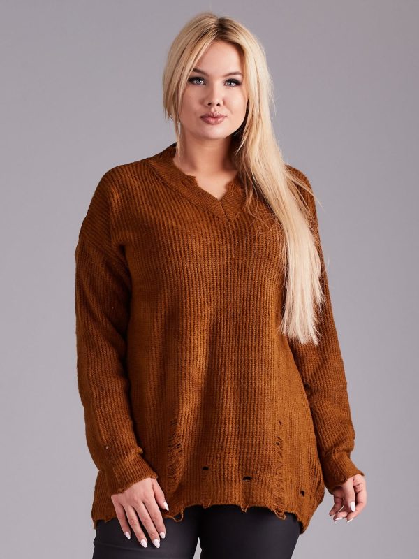 Velkoobchod Hnědý nadrozměrný svetr PLUS VELIKOST