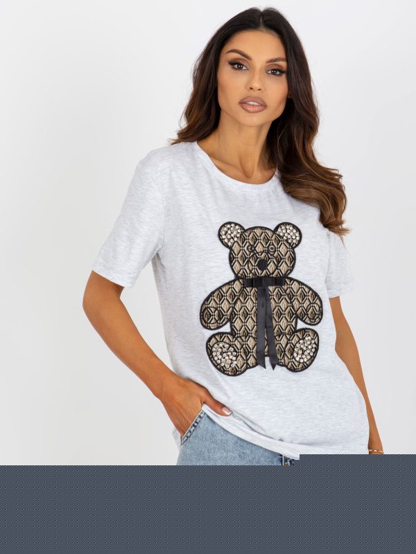 Velkoobchod Šedé melanžové dámské tričko s medvídkem a 3D applicací
